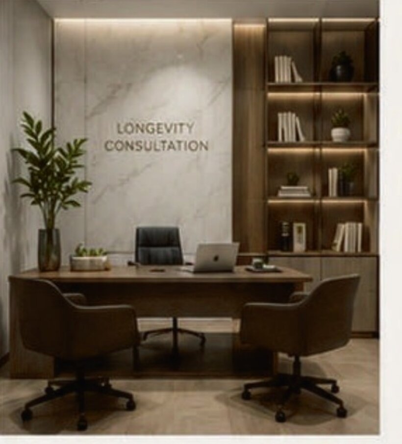 Private longevity consultation room with a walnut desk, marble feature wall and lit bookshelves