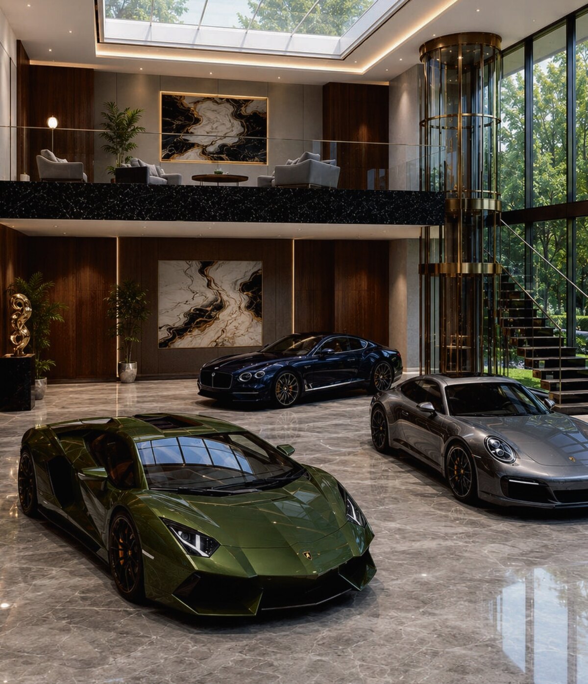 Marble-floored suite with a green Lamborghini, navy Bentley and grey Porsche below a mezzanine lounge and a brass-and-glass elevator
