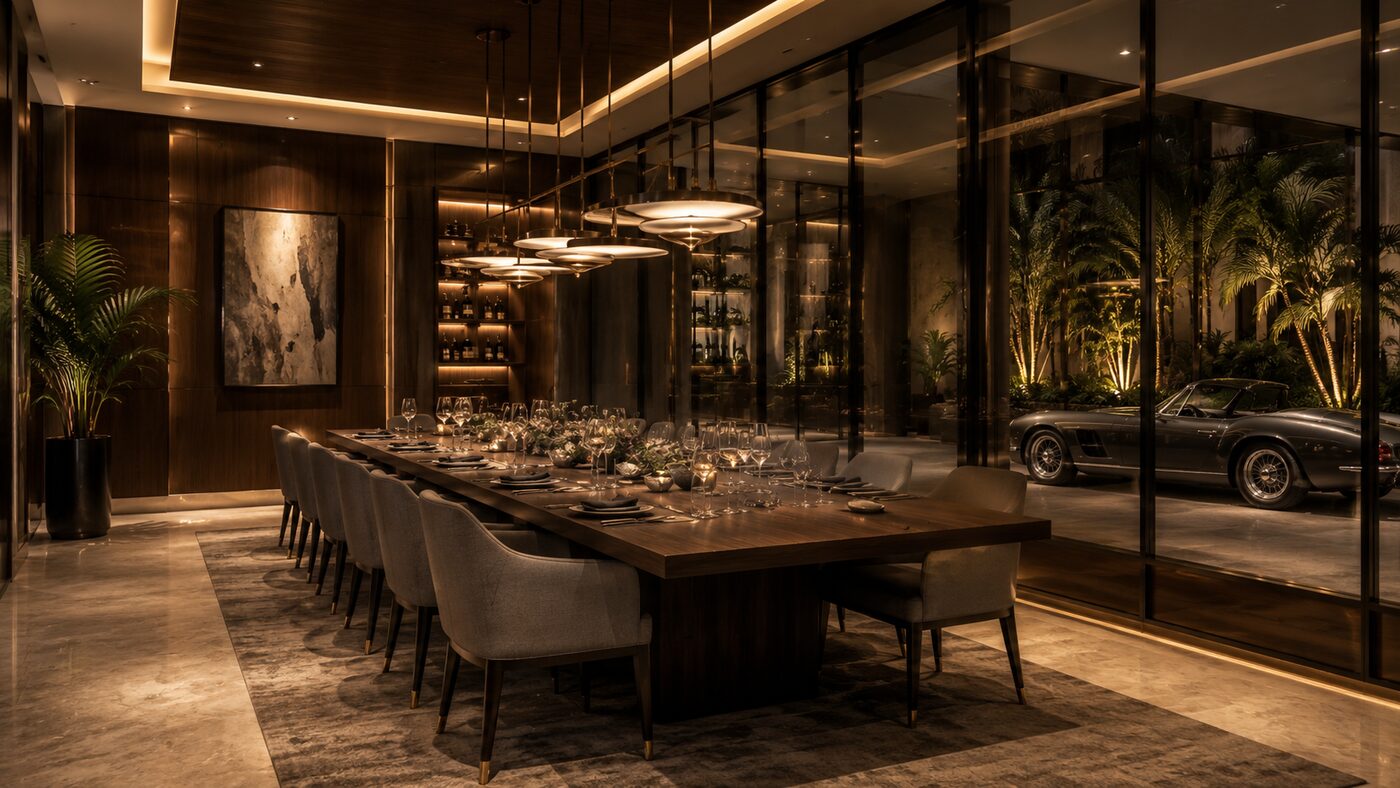 Private Dining — long walnut table set for a dozen with sculptural pendants, glazed wall onto an illuminated classic car