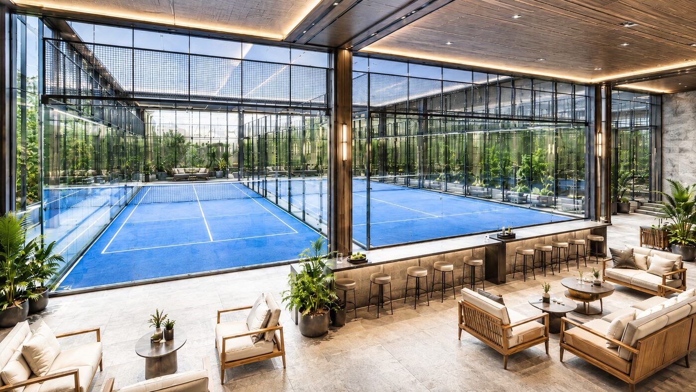 Two glass-enclosed padel courts with blue playing surface, viewing lounge with woven armchairs and a stone bar