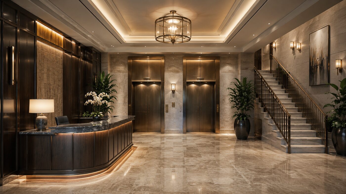 Central Gallery & Lobby — travertine floor, bronze elevator bank, custom concierge desk under a lantern chandelier and a curved staircase