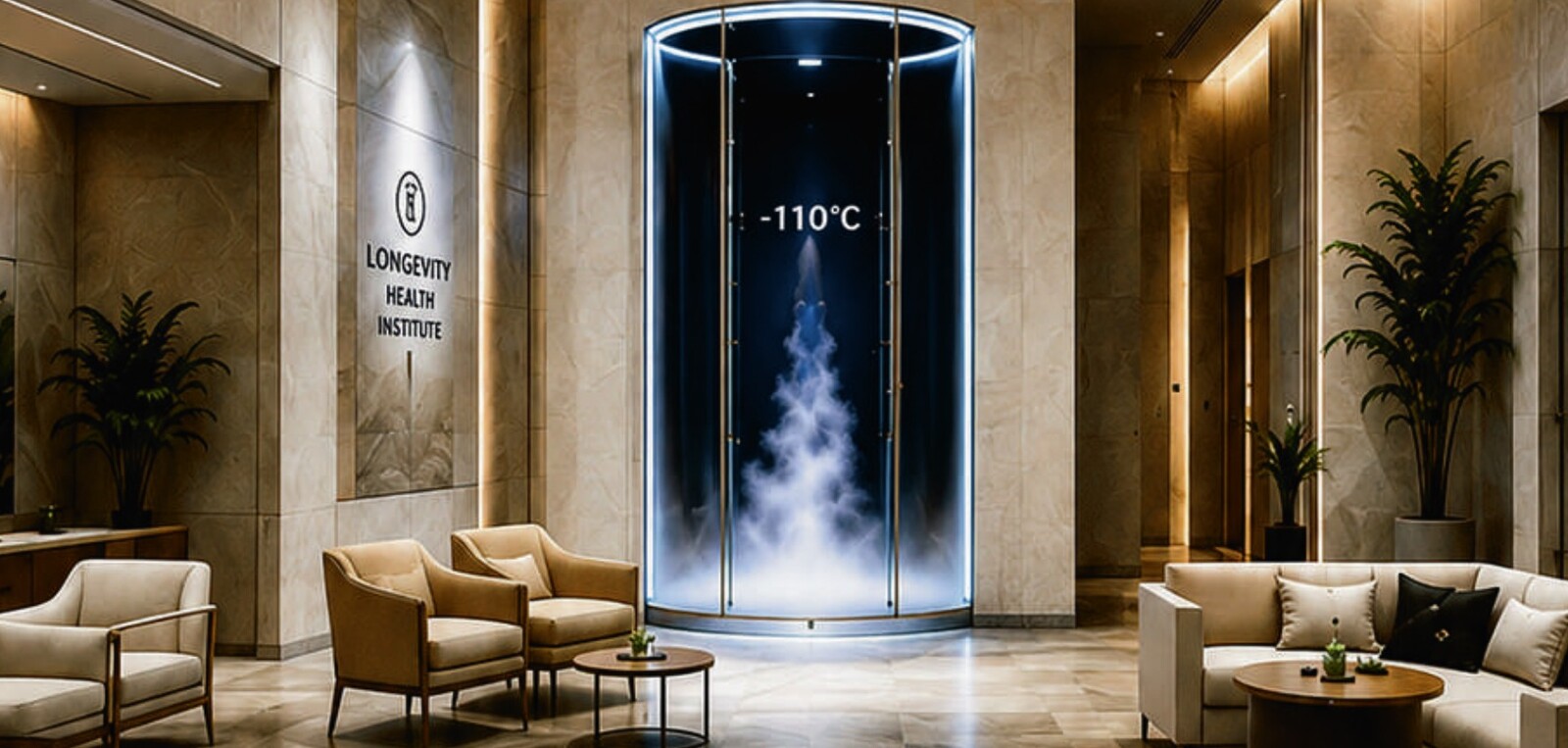 Longevity Health Institute lobby with a signature −110°C cryotherapy chamber set against warm stone walls and lounge seating