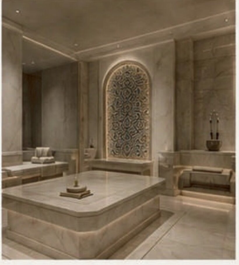 Marble Turkish bath hammam with a heated central slab and a carved illuminated arch niche