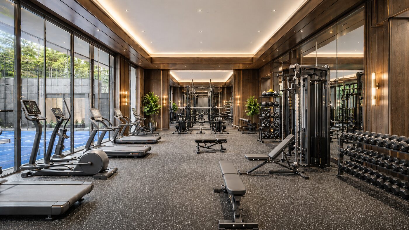 Performance Gym — cardio line facing the courts, mirrored strength wing, walnut panelling and bronze accents