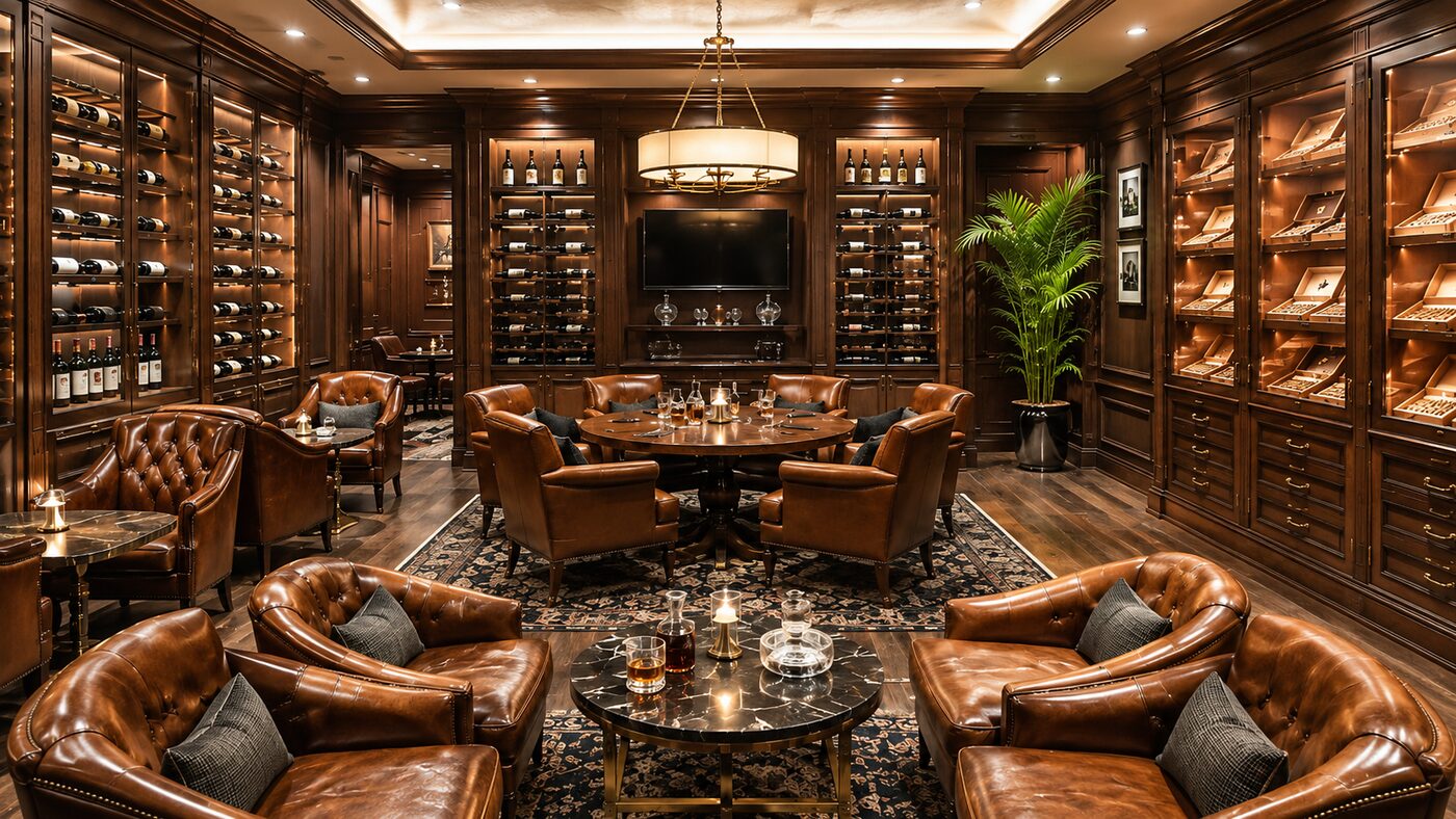 Restaurant & Bar — wood-panelled members' room with backlit wine walls, cigar humidor cabinetry, tufted leather club chairs and a marble cocktail table