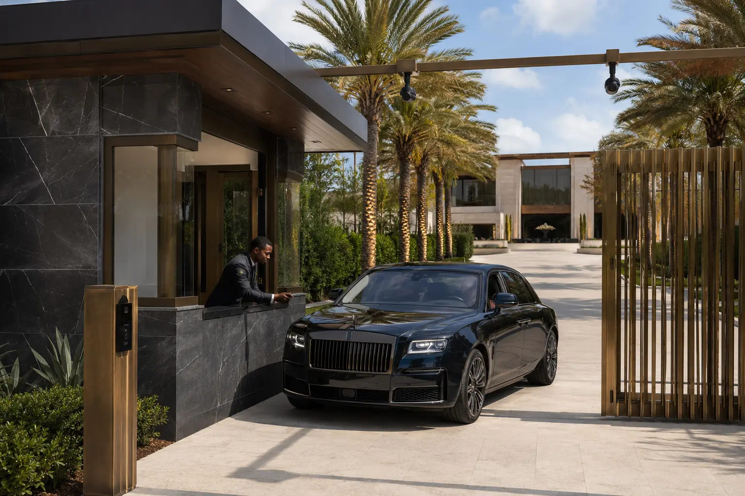 Concierge greeting a Rolls-Royce at the gatehouse checkpoint with overhead surveillance
